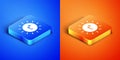 Isometric Sun icon isolated on blue and orange background. Summer symbol. Good sunny day. Square button. Vector