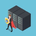 Isometric Super Businessman Holding Shield Protecting Data Center Server Racks