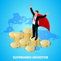 Isometric superhero businessman investor on a stack of bitcoin.
