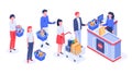 Isometric supermarket purchases. Buyers in line waiting, shoppers purchase and retail store cash register vector