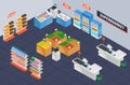 Isometric supermarket. Retail shop shelving with products. Grocery store interior with checkout desk, shelves, showcase