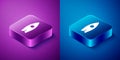 Isometric Surfboard icon isolated on blue and purple background. Surfing board. Extreme sport. Sport equipment. Square