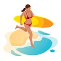 Isometric surfer female. Surfing on Summer Vacation. Beautiful young woman running on the beach, Water sports, Healthy Royalty Free Stock Photo