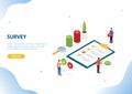 Isometric survey people on the clipboard with checklist and magnifying glass for website landing template banner - vector