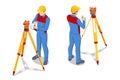 Isometric surveying measuring equipment level theodolite on tripod isolated on white background. Professional engineer