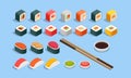 Isometric Sushi Rolls with Salmon, Avocado, Cream Cheese. Seafood Set Isolated Rolls on White Background. Sushi Menu Royalty Free Stock Photo