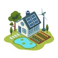 Isometric Sustainable Eco-Friendly Home with Solar Panels and Garden Royalty Free Stock Photo