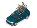 Isometric suv car with two bicycles mounted on the roof rack. Flat style vector illustration isolated on white Royalty Free Stock Photo