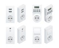 Isometric Switches and sockets set. All types. AC power sockets realistic illustration Royalty Free Stock Photo