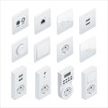 Isometric Switches and sockets set. All types. AC power sockets realistic illustration Royalty Free Stock Photo