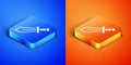Isometric Sword for game icon isolated on blue and orange background. Square button. Vector
