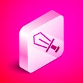 Isometric Sword for game icon isolated on pink background. Silver square button. Vector