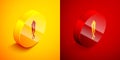 Isometric Sword toy icon isolated on orange and red background. Circle button. Vector