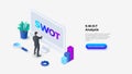 Isometric SWOT illustration with monitor, man and chart. Strength, weakness, opportunity and threat typography design