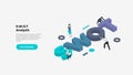 Isometric SWOT letters with characters. Strength, weakness, opportunity and threat typography design Royalty Free Stock Photo