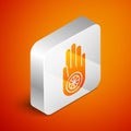 Isometric Symbol of Jainism or Jain Dharma icon on orange background. Religious sign. Symbol of Ahimsa. Silver square