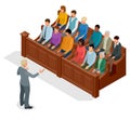 Isometric symbol of law and justice in the courtroom. Vector illustration judge bench defendant attorneys audience