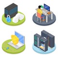 Isometric System Administrator. Server Room. Data Storage. Network Security