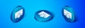 Isometric System bug in credit card icon isolated on blue background. Code bug concept. Bug in the system. Bug searching