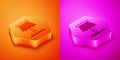 Isometric Table lamp icon isolated on orange and pink background. Hexagon button. Vector