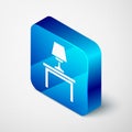 Isometric Table lamp on table icon isolated on grey background. Blue square button. Vector