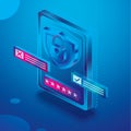 Isometric Tablet Computer in Blue Colors. Device with Shield and Password Form