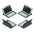 Isometric Tablet computer with white blank screen and keyboard on white background.