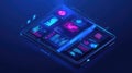Isometric tablet displaying futuristic data analytics dashboard interface Royalty Free Stock Photo