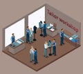 Isometric tailor, work with a client in a sewing workshop, fitting clothes, sewing fashionable clothes, many tailors. The