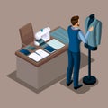 Isometric tailor, work in a sewing workshop, fitting clothes on a mannequin, private atelier. The entrepreneur working for