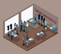 Isometric tailor, working with a client in a sewing workshop, creating and developing clothes, sewing fashionable clothes. The