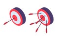 Isometric targets. Archery, arrow in goal and failure. Business ambitions metaphor, success and fail illustration