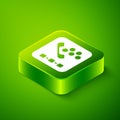 Isometric Taxi call telephone service icon isolated on green background. Taxi for smartphone. Green square button