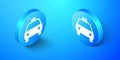 Isometric Taxi car icon isolated on blue background. Blue circle button. Vector Royalty Free Stock Photo