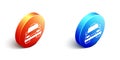 Isometric Taxi car icon isolated on white background. Orange and blue circle button. Vector Royalty Free Stock Photo