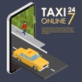Isometric taxi driving down the street. Taxi service online. Tax