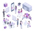 Isometric teacher, students characters, library and study room. College studying, education and communication vector symbols