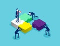 Isometric team connecting puzzle elements. Concept isometric business teamwork vector illustration, Template, Banner, Successful,