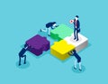 Isometric team connecting puzzle elements. Concept isometric business teamwork vector illustration, Template, Banner, Successful,