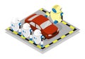 Isometric team of robots with senior AI chief engineer bot investigates and diagnoses car