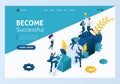 Isometric Team success. Teamwork. Together. Miniature people climb up. Template landing page