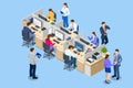 Isometric Team at Work. Business people in smart casual wear working together in creative office. Office workers sitting Royalty Free Stock Photo