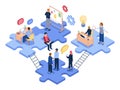 Isometric teamwork. Business people group solve problems together, office employees, joint project, business