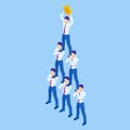 Isometric teamwork businessmen pyramid to reach rating star. Reaching the Stars. Team, leader, superior ability concept.