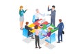 Isometric Teamwork Partnership Leadership flat design vector illustration. Team of People work at Table of four Parts of Puzzle