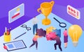 Isometric teamwork with people, vector illustration. Businessman woman character put puzzles together, worker near huge Royalty Free Stock Photo