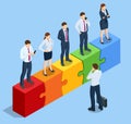 Isometric Teamwork with Puzzle, Teamwork, Cooperation, Partnership Concept. Collaboration, Unity as Jigsaw. Solution and Royalty Free Stock Photo