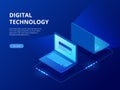 Isometric Tech devices connected, big data processing, energy station of future, server room rack, data center concept