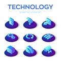 Isometric Technology icons set. Bluetooth, Wi-Fi, Plug and socket, Gears, Update, Settings, Server, Cloud and Camera isometric