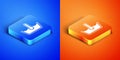 Isometric Temperature wash icon isolated on blue and orange background. Temperature wash. Square button. Vector